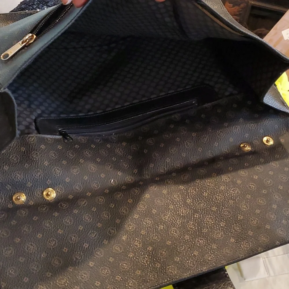Huge Vintage Elegant Black Leather Clutch or Briefcase Bag with F Letter Pattern